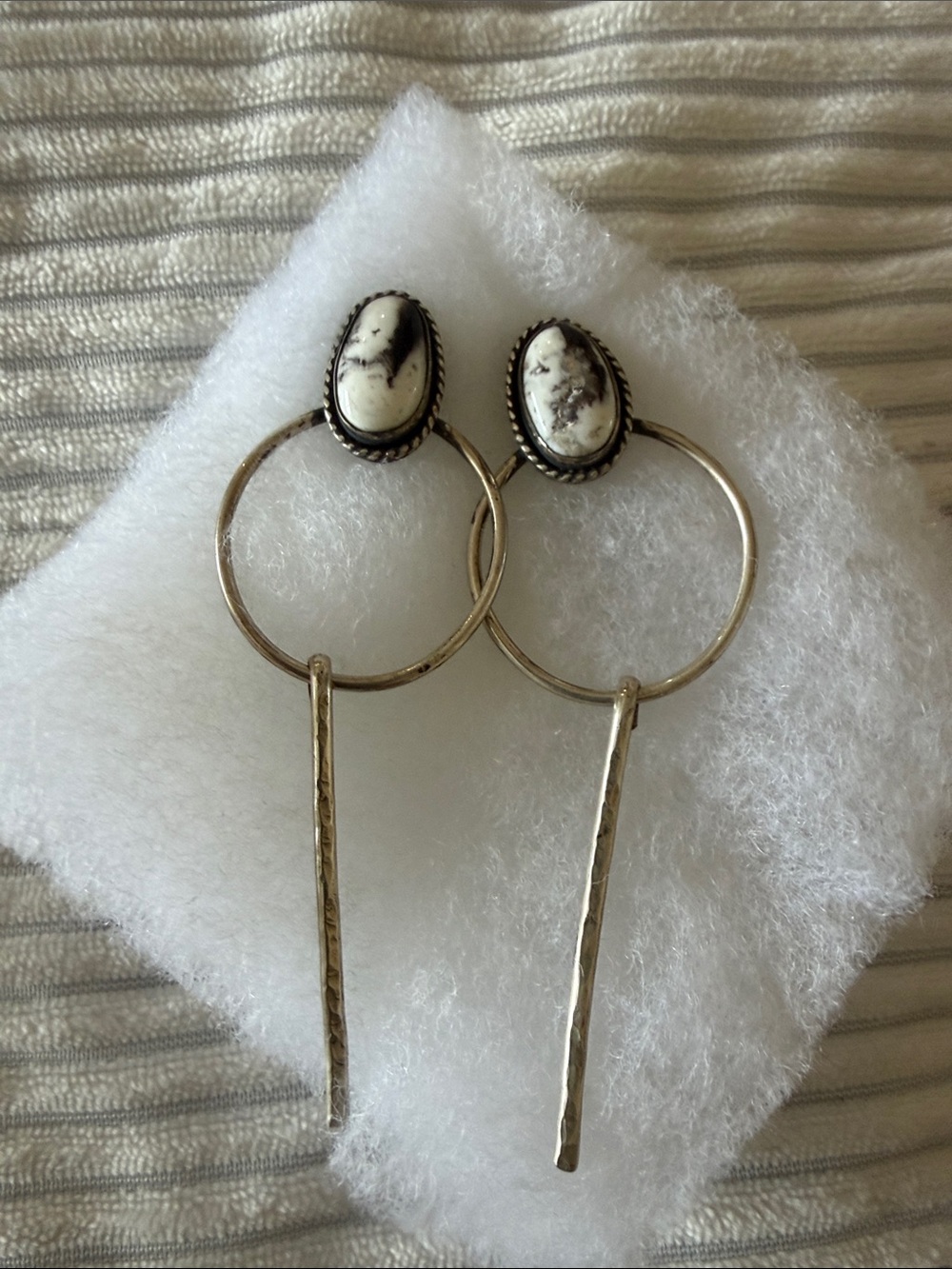 Artisan White Buffalo  Oval & Silver Hoop Drop Earrings